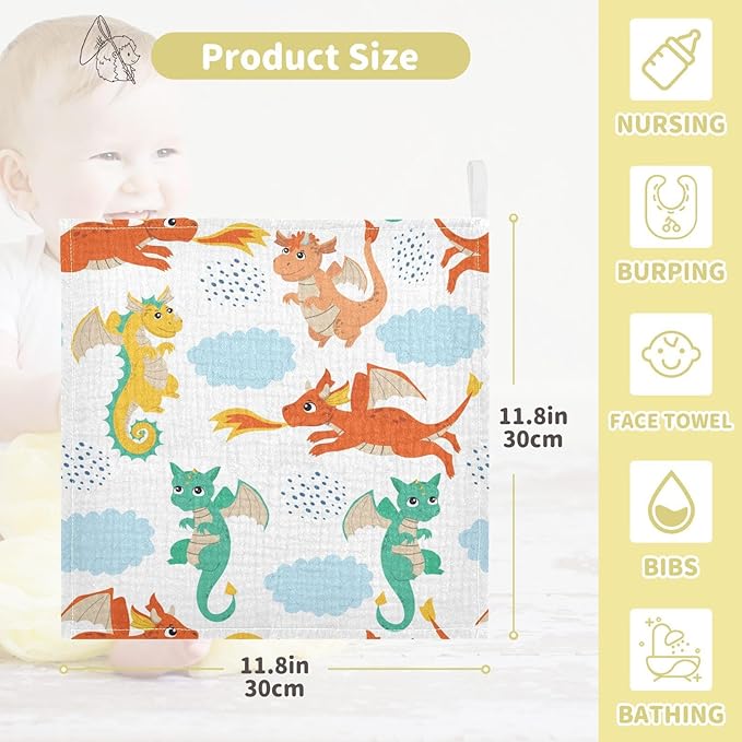vvfelixl Flying Dragons Baby Burp Cloths Baby Muslin Washcloths for Boys Girls Cotton Baby Face Towel for Newborn Infants Soft and Absorbent 11.8 X 11.8 in, 5 Pack