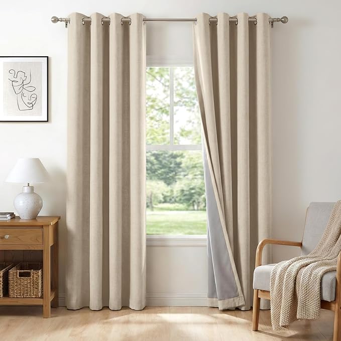 100% Blackout Shield Curtains, Linen Blackout Drapes 50''W x 72''L, 2 Panels, Natural Flax, Grommet, Thermal Insulated, Full Light Blackout Curtains for Bedroom