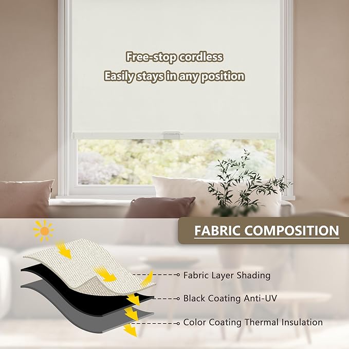 Cordless Blackout Roller Shades Blinds for Windows Free-Stop,Pull Down Room Darkening with Valance,Thermal Insulated Woven Fabric Window Door Blinds for Home,Office,Beige 67" W x 72" H