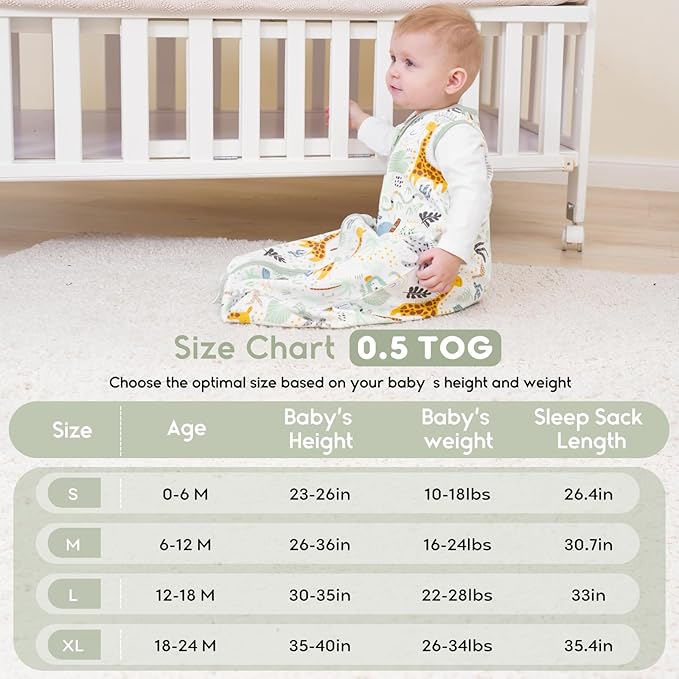 Yoofoss Baby Sleep Sack 18-24 Months 0.5 TOG Baby Wearable Blanket, 100% Organic Cotton Infant Toddler Sleeping Sack 2-Way Zipper Lightweight Sleep Sack, Giraffe