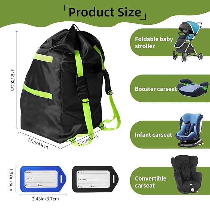 Car Seat Bag for Airplane Travel,Durable Padded Cover with Green Shoulder Straps, Fits All Car Seats, Includes 2 Luggage Tags, Waterproof Travel Bag for Air Travel
