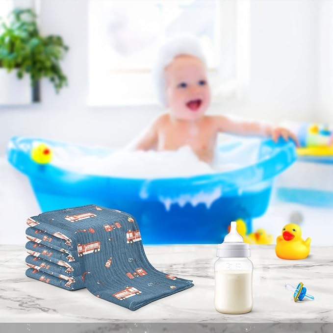 vvfelixl Baby Muslin Washcloths, Firefighters Pattern Baby Burp Cloths, Cotton Baby Face Towel for Newborn Infants Boys Girls Soft and Absorbent 11.8 X 11.8 in, 3 Pack Blue