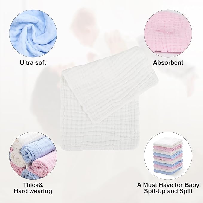 Arnzion 10 Pack Muslin Burp Cloths - 17"x9" 6-Layer 100% Cotton - Ultra Soft & Super Absorbent for Baby Spit Up & Drool - Gentle Burping Cloths for Newborn Boys & Girls, Essential Baby Items