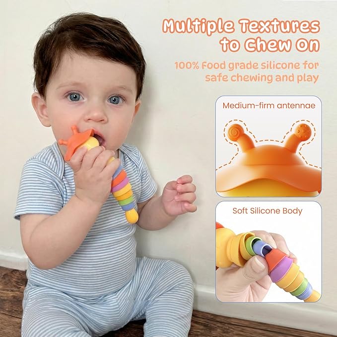Baby Teething Toy, Caterpillar Silicone Baby Teether Rattle Toys, BPA-Free Sensory Development & Color Recognition Learning for 0 6 10 12 18 Babies Toddler Teething Relief LC1