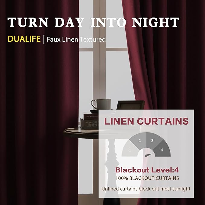 DUALIFE Back Tab and Rod Pocket Rose Red Curtains for Girls Bedroom Decor- Linen Textured Room Darkening Thermal Insulated for Living Room 50 x 84 Inches Long Set of 2 Panels
