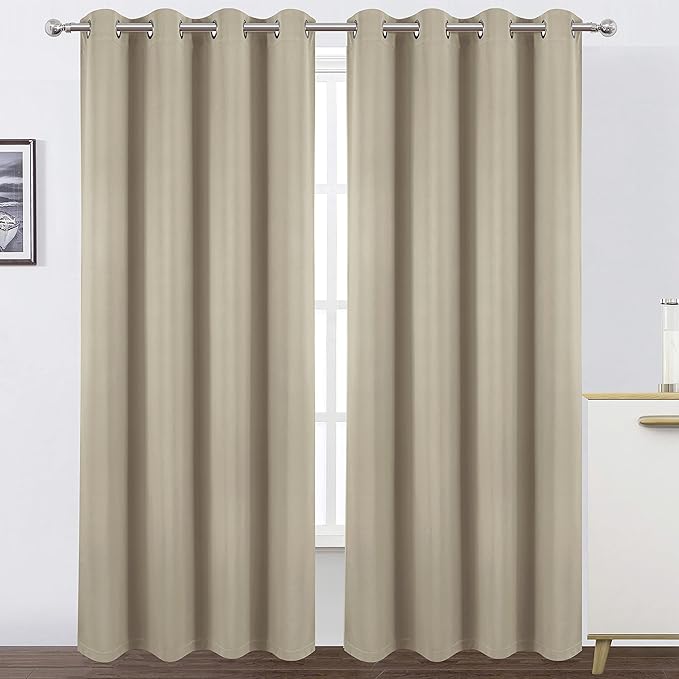 LEMOMO 100% Blackout Curtains 52 x 84 Inch/Beige Curtains 2 Panels with Black Lining Room Darkening Thermal Insulated Bedroom Curtains