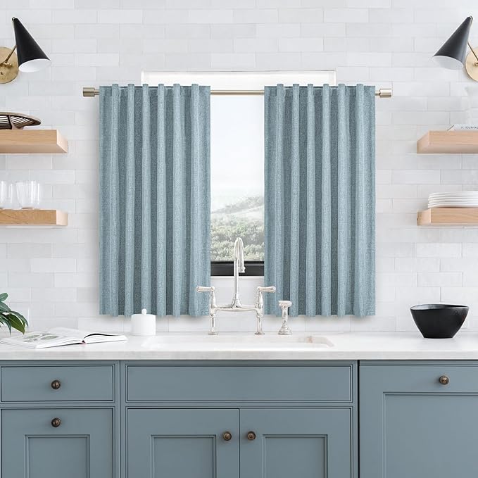 Short Curtains for Windows Bathroom, 100% Blackout Linen Boho Back Tab Pleated Cafe Curtains for Kitchen Bedroom, 54 Inch Length 2 Panels Set, Dusty Blue