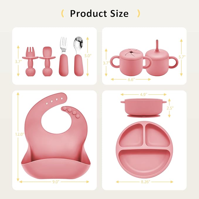 Bufims Silicone Baby Feeding Set, Baby Led Weaning Supplies, Eating Essentials Utensils with Suction Plate and Bowl, Pocket Bib, Sippy Cup with Lid, Forks Spoons Snack Container, for 6+ Months, Pink