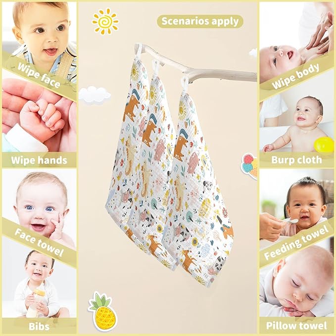Baby Washcloths Cotton Cute Farm Animals Baby Muslin Washcloths Soft Baby Face Towel for Newborn Infants Baby Wipes, 11.8 X 11.8 Inch, 5 Pack