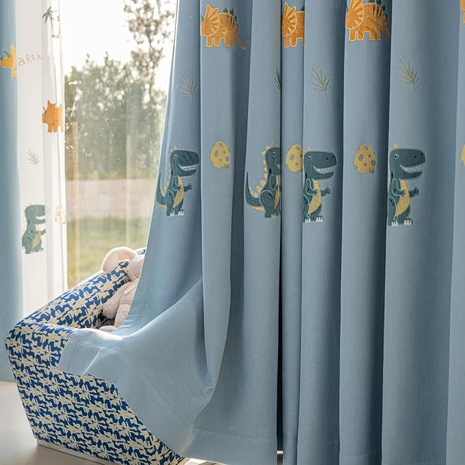Cartoon Dinosaur Kids Curtains with Blackout Liner Embroidery Nursery Curtains for Children Boys Baby Bedroom Living Room Grommet Top Room Darkening Window Drapes 1 Panel (Blue,W52 x L84 Inch)