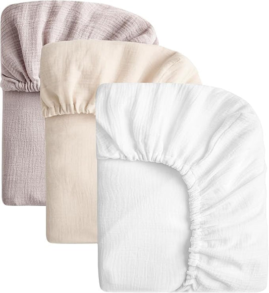 SOULFUL Muslin Crib Sheets for Boys Girls, 3 Pack Soft and Breathable Cotton Fitted Crib Sheets for Standard Crib Mattress (28"x 52", White & Beige & Mist Pink)