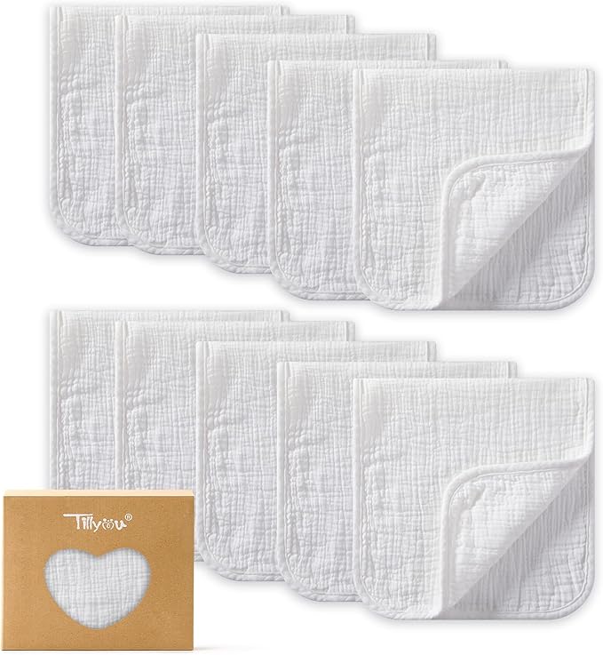 TILLYOU Muslin Burp Cloths Baby Boy Girl 20" x 10", 6-Layer Absorbent 100% Cotton Burping Cloths Large Soft, 10 Pack(White)
