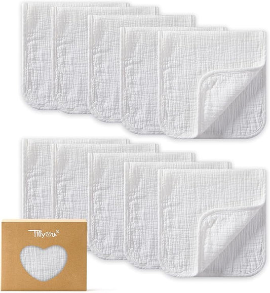 TILLYOU Muslin Burp Cloths Baby Boy Girl 20" x 10", 6-Layer Absorbent 100% Cotton Burping Cloths Large Soft, 10 Pack(White)