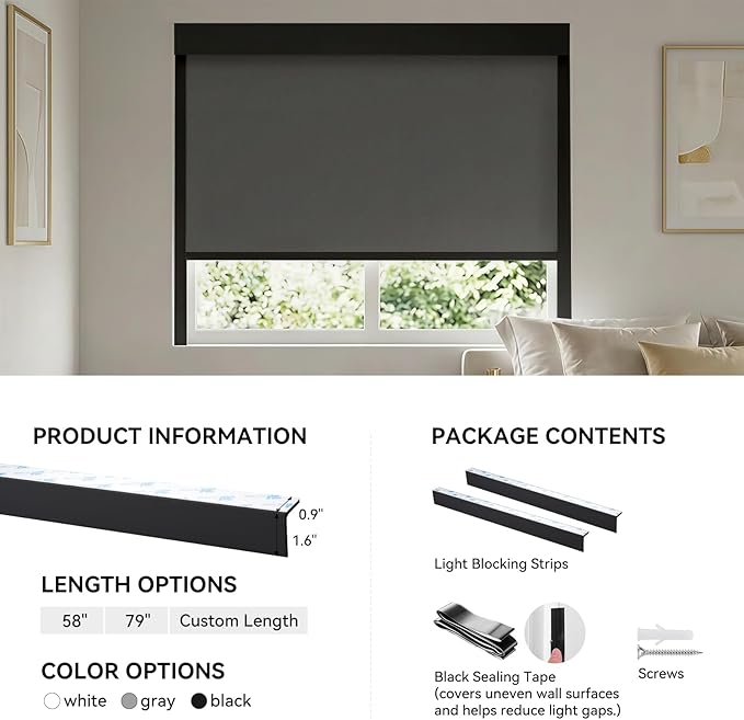 ZSTARR PVC Light Blockers Blackout Light Blockers Side Tracks for Window Shades Blinds Side Tracks for Blackout Shades Easy to Install Light Blocking Strips for Bedroom (Black, 58",2Pcs)