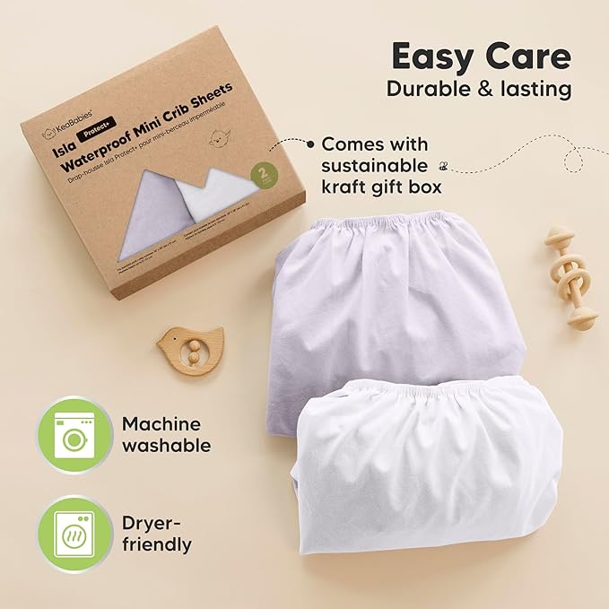 2-Pack Waterproof Pack and Play Sheets, Mini Crib Sheets Fitted for Boy, Girl - 38 x 26 Viscose from Bamboo Pack N Play Mattress Sheets for Graco, Toddler Playard Baby Crib Sheets Neutral (Lilac)