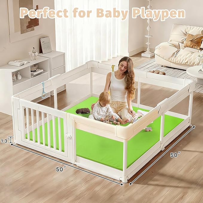 Waterproof Baby Play Mat for Floor 1.3"Thick Memory Foam 50*50 Cushion Playpen Playmat Tummy Time Crawling Mat Nursery Rug Pad Mattress Create Soft & Safe Area for Infants,Toddler,Kids,Green