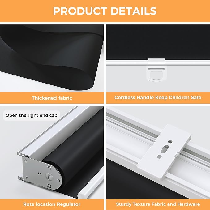 Cordless Roller Shades Blackout Blinds for Windows Room Darkening Rolled Up Shades with Spring System, UV Protection Window Shades Door Blinds for Home and Office (Black, 30" W x 72" H)