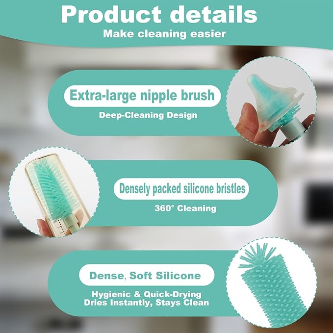 ZTX Push-to-Foam Silicone Bottle Brush Set - One-Press Rich Foam for Baby Bottles, Breast Pump Parts & Nipples - with Detachable Nipple Brush & Portable Travel Storage Bag, Blue