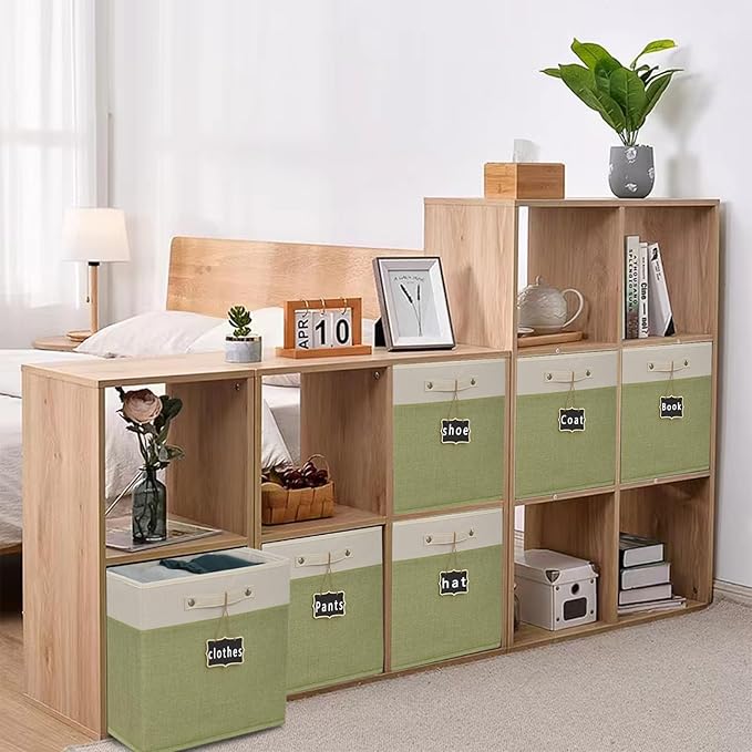 11 inch cube storage bin,Collapsible Fabric Storage Cubes with Labels 4 Pack,Linen Cube Storage Organizer Bins with Cotton Handles for Home,Nursery,Clothes,Cabinet, Shelves and Closet(White green).