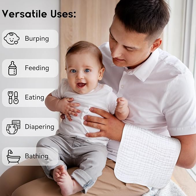 Unnivoll Muslin Burp Cloths for Baby 100% Cotton Burping Cloths for Boys Girls Large 20''X10'' Extra Soft and Absorbent 12 Pack - White