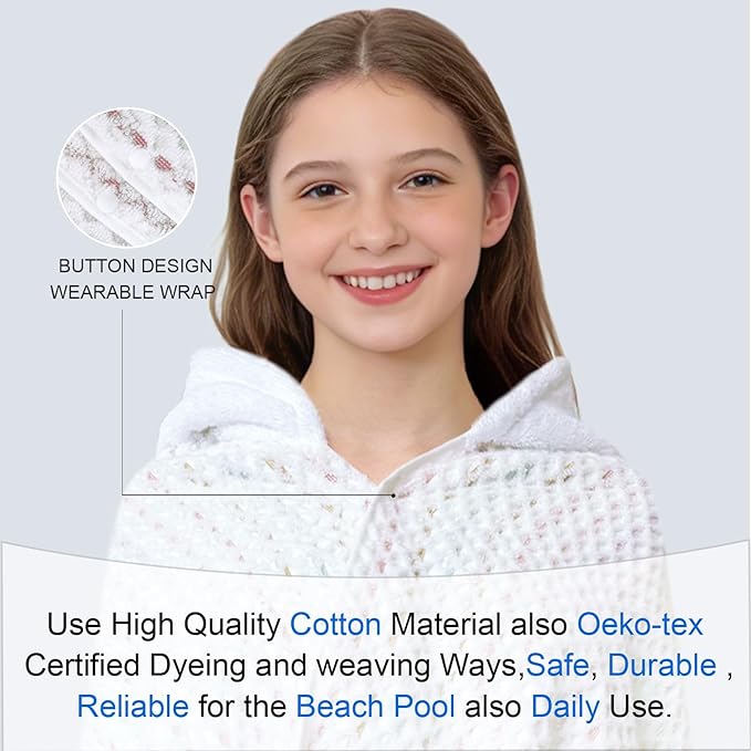 VOOVA & MOVAS Teens Bath Towel with Hood (8-14 Years,64"X33") | Soft Quick Dry Absorbent 100% Cotton Thick Towel Wrap | Versatile Beach, Pool, Swim & Bath Cover-Up | Pastel Mix Fine Stripe