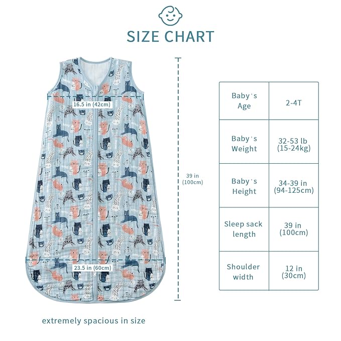 TADO MUSLIN Baby Sleep Sack 2-4 T Baby Wearable Blanket 100% Organic Cotton 0.5 TOG Toddler Sleep Sacks 2- Way Zipper Soft 4 Layers Muslin 2T 3T 4T Kitten Cat