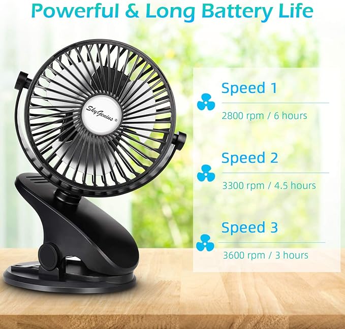 SkyGenius Battery Operated Stroller Fan, Rechargeable USB Powered Mini Clip on Desk Fan