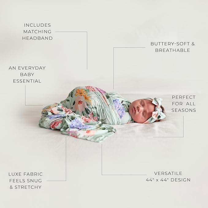 Posh Peanut Swaddle Blanket & Headband Set – Viscose from Bamboo Stretchy Baby Swaddle for Newborn Girls, Receiving Blanket or Nursing Cover (Erin)
