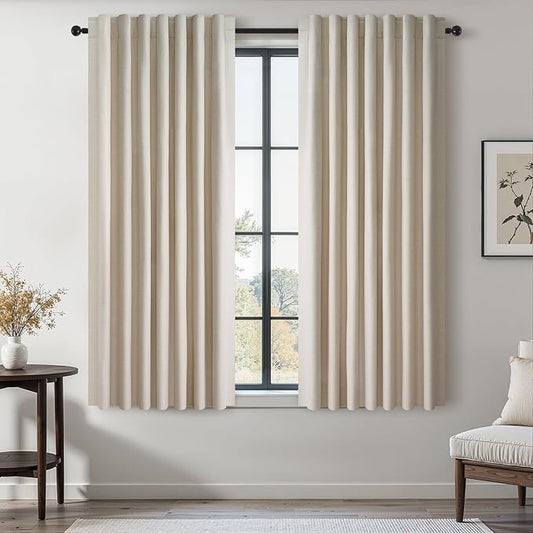 Topfinel Beige White Linen Blackout Curtains 63 Inches Long 2 Panels for Small Window Natural Birch Boho Farmhouse Linen Blend Texture Insulated Hook Belt Back Tab Pocket Pleated Drapes (W52 x L63)