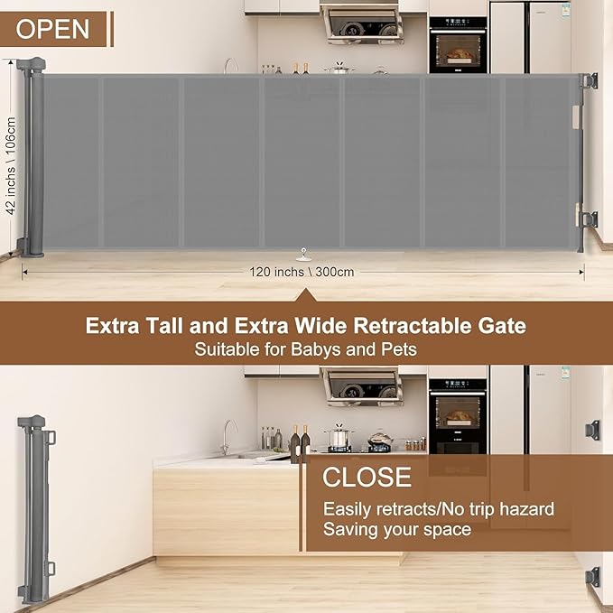100 inch Retractable Baby Gates 42 inch Tall, Retractable Gate with Reinforced Strip Design to Prevent Crawling Through, 8 FT Extra Wide Retractable Dog Gate for Indoor/Outdoor