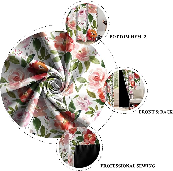 Renaiss Watercolor Flowers Curtains Rose Peony Floral Print Blackout Window Curtain Panels Thermal Insulated Grommet Top Window Curtains for Living Room Bedroom 53W x 96L Inch 2 Panel Set