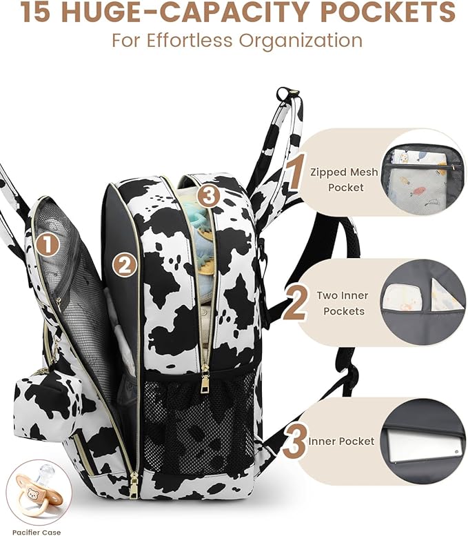 Diaper Bag Backpack,Baby Essentials Diapers Bag with Pacifier Case,Multipurpose Stylish Large Capacity Travel Backpack for Baby Girl/Boy(L-Cow Print)