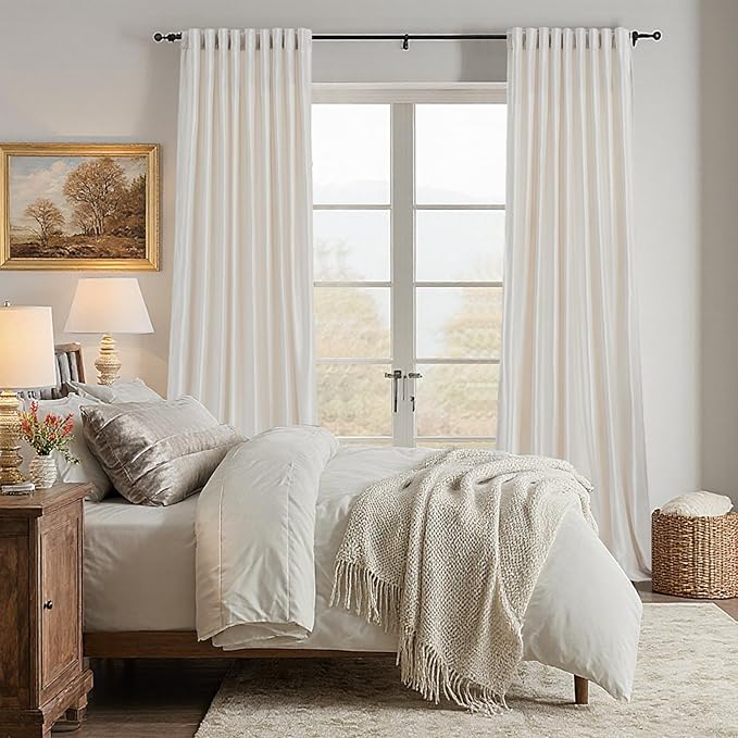 100% Blackout Ivory Off White Velvet Curtains 108 inch Long for Living Room,Set of 2 Panels Liner Rod Pocket Back Tab Thermal Window Drapes Room Darkening Heavy Decorative Curtains for Bedroom