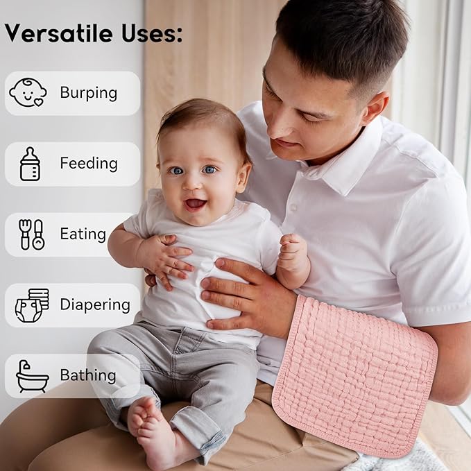 Unnivoll Muslin Burp Cloths for Baby 100% Cotton Burping Cloths for Boys Girls Large 20''X10'' Extra Soft and Absorbent 12 Pack - Gradient Pink