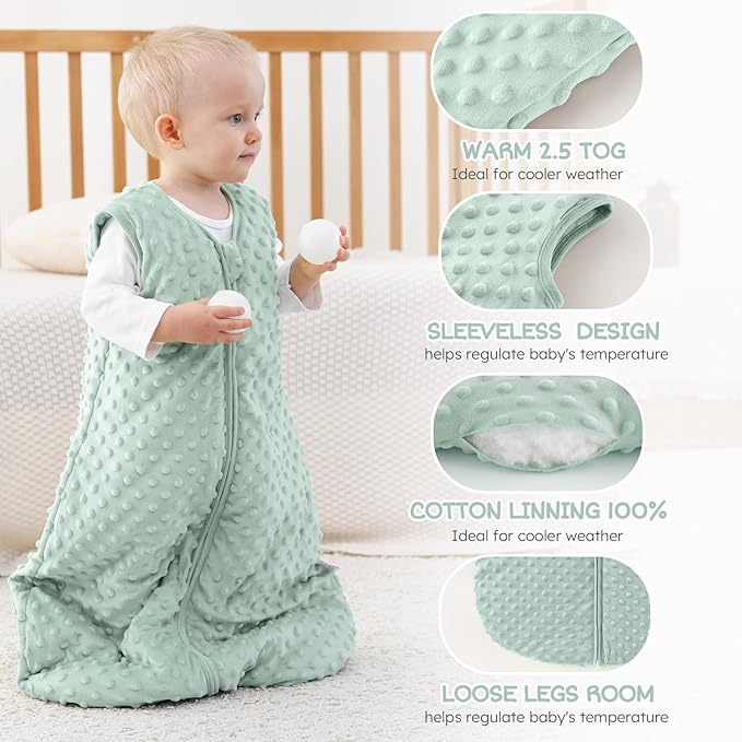 FILLEEP Fleece Baby Sleep Sack 12-18 Months with Plush Dots, Winter Baby Wearable Blanket for Infant Toddler Sleeping Sack 2-Way Zipper Warm Sleepsack, Green