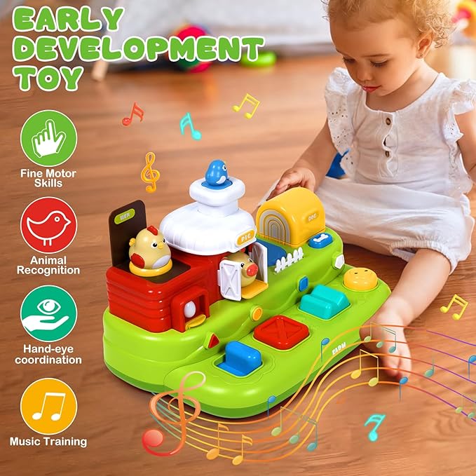 Interactive Pop Farm Animal Up Toys with Music Sounds Montessori Cause and Effect for 1-3 Baby Boy Girl Early Educational Musical Baby Infant STEM Gift 12-18 Months Babies Birthday
