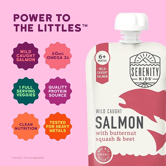 Serenity Kids 6+ Months Salmon Baby Food Pouches - Wild-Caught Salmon & Butternut Squash - High-Protein Baby Snacks - No Sugar Added Toddler Meals - 3.5 Oz, Pack of 6