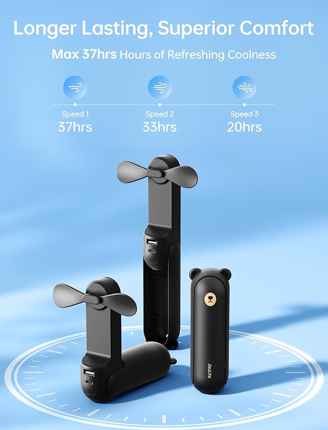 JISULIFE Handheld Fan with 4500 mAh Powerbank Max 37 Hours Runtime, Pocket Portable Battery Operated or USB Powered Folding Personal Fan, 3 Speeds, Valentines Day Gifts for Her Him-Black
