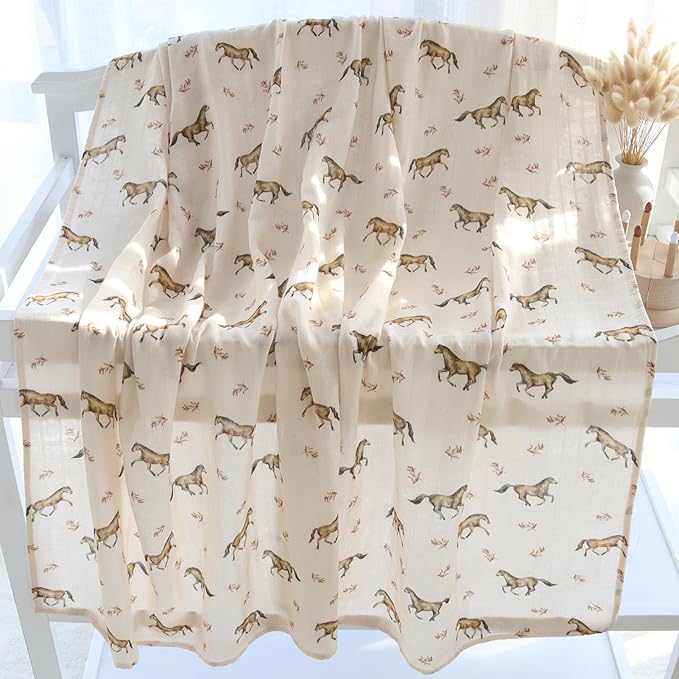 LifeTree Baby Swaddle Blankets, Muslin Swaddle Blankets Boys Girls Swaddling Wrap Receiving Blanket for Newborn, 70% Viscose Bamboo and 30% Cotton, Large 47" x 47", Horse Pattern