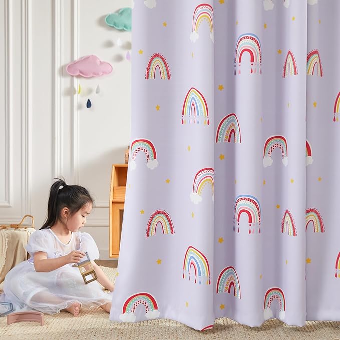 Vangao Easter Boho Girls 100% Blackout Curtains Purple for Kids Room 63 Inch Length, Rainbow Window Drapes for Living Room Nursery Thermal Insulated Room Darkening Curtains Bedroom Grommet 2 Panels