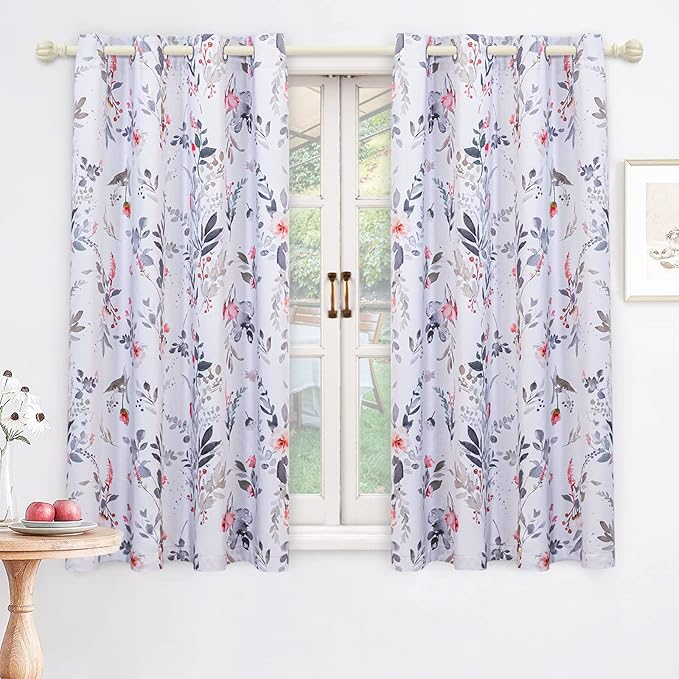 MYSKY HOME Floral Blackout Curtains for Kitchen Room Darkening Thermal Insulated Panels 54 Inch Long Light Blocking Grommet Rustic Curtains for Dormer Window, 2 Panels, Red