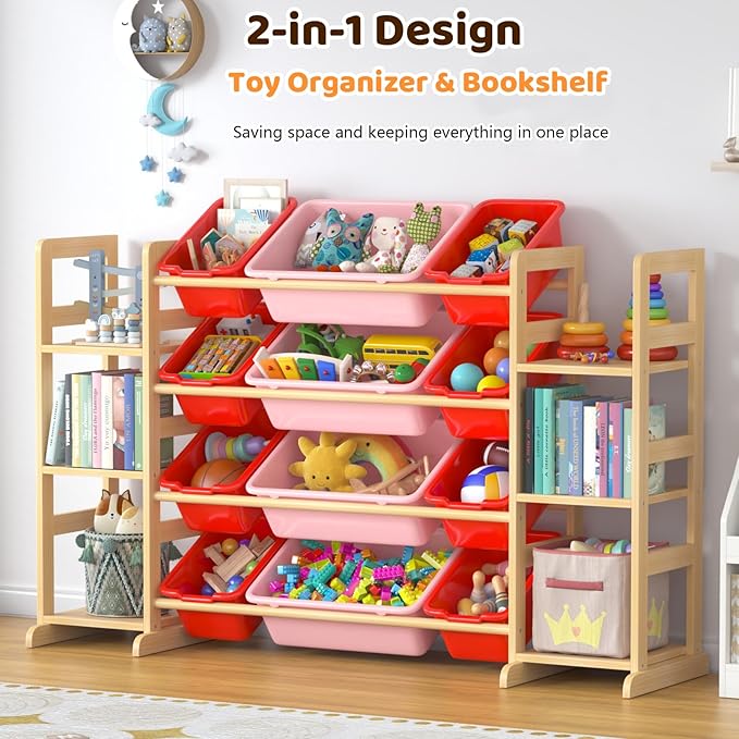 Large Toy Storage Organizer Kids Toy Organizer and Bookshelf Combo with 12 Bins and 6 Shelves Toy Organization Box Toy Shelf for Playroom, Bedroom, Nursery