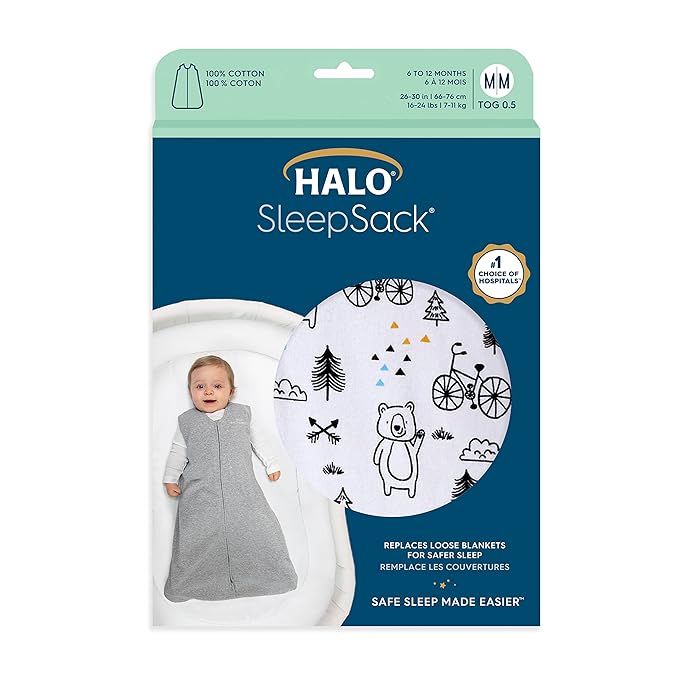 HALO SleepSack, 100% Cotton Wearable Blanket, Swaddle Transition Sleeping Bag, TOG 0.5, Huggy Bears, Medium, 6-12 Months