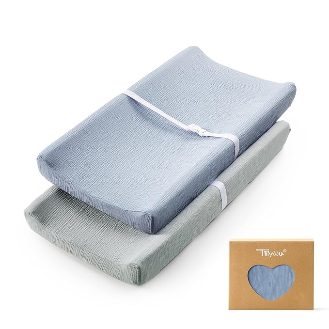 TILLYOU Muslin Changing Pad Cover for Baby Girls Boys, Soft and Breathable Cotton Diaper Changing Table Cover, 2 Pack(Grey&Blue)