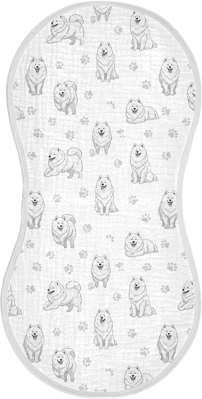 Qinllo 1 Pack Muslin Burp Cloths Samoyed Dogs White Cotton Baby Burp Cloths Extra Absorbent and Soft Spit Up Rags for Newborn Babies Boys Girls 22x11 Inch