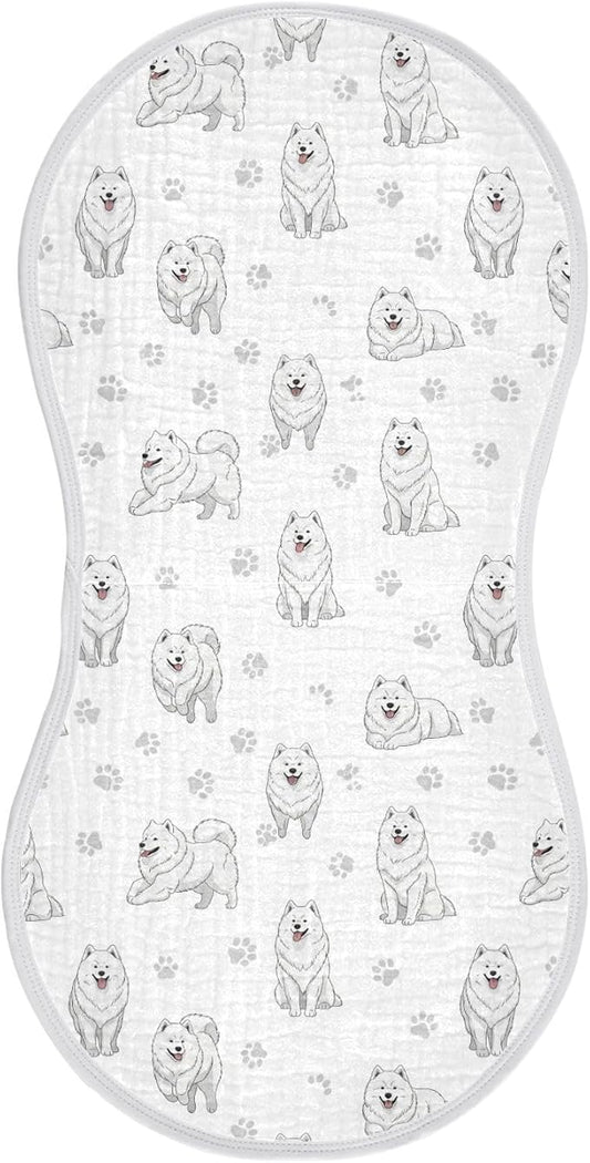 Qinllo 1 Pack Muslin Burp Cloths Samoyed Dogs White Cotton Baby Burp Cloths Extra Absorbent and Soft Spit Up Rags for Newborn Babies Boys Girls 22x11 Inch