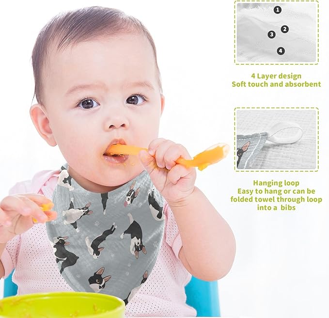 vvfelixl Baby Muslin Washcloths Boston Terrier Baby Burp Cloths Cotton Baby Face Towel for Newborn Infants Boys Girls Soft and Absorbent 11.8 X 11.8 in, 3 Pack