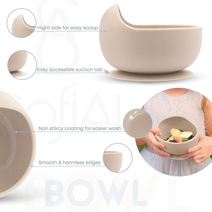 SofiAl All In One Silicone Feeding Set - Safe for 6-12 Months - Non-Toxic Baby Led Weaning Supplies - Toddler Self Feeding Utensils - BPA-Free - Mess Free Essentials