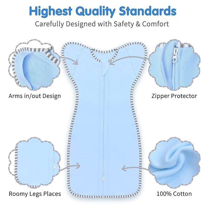 Transition Swaddle Baby Sleep Sack 6-9 Months Arms up Swaddle 2-Way Zipper 100% Cotton Arms in/out, 0.8 Tog Baby Swaddles for Boy Girl, 2-Pack Transitional Swaddles (Large 20-27lbs)