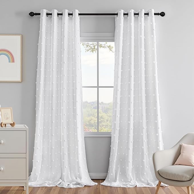 MEETSKY White Blackout Curtains for Kids Bedroom 95 Inch Length 2 Panels,Thermal Curtain Full Light Blocking Grommet Window Curtains with White Pom Pom for Living Room/Nursery Bedroom,52" W x 95" L